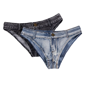 Pantaloncini di jeans a vita bassa elasticizzati con orli a frange in blu e nero piatti
