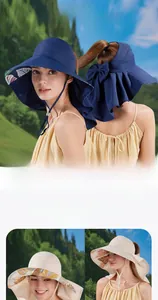 Detail of sun hat with leaf pattern lining, wide brim and neck protection shawl