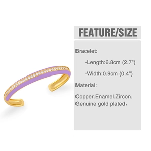 Vista dettagliata del bracciale dorato in smalto viola con dimensioni 6,8 cm e zirconi