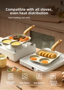Three-section non-stick maifan stone pan for frying eggs and bacon with wood-look handle