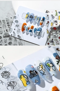 Detailed view of hand-drawn wedding nail art stickers on various colored nails