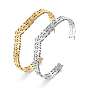 Vintage C-shaped stainless steel open crown bracelet with hollow pattern in gold and silver