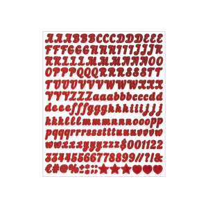 Macro detail of red glitter alphabet and number stickers with a sparkling textured finish