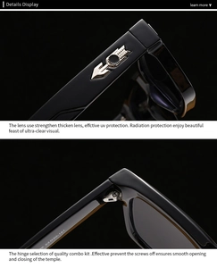 Detailed close-up of square sunglasses with metal arrow accents and sturdy hinges