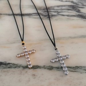 18k gold and silver cross pendant necklaces with cubic zirconia on black cord