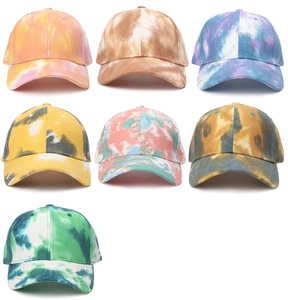 Detailed grid view of diverse colorful tie-dye patterns on cotton canvas baseball caps