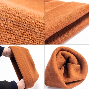 Detail shots showing caramel knit beanie texture, elastic stretch and quality stitching