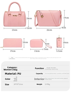 Detailed size specifications for a five-piece pink PU leather handbag set for women