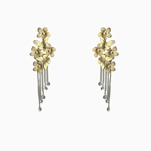 Elegant gold and silver tassel earrings with crystal butterfly and floral pendant