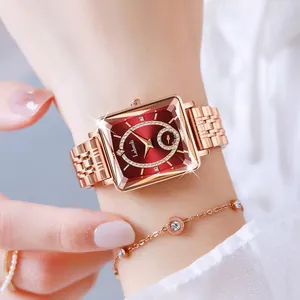 Luxury women's square quartz watch with red sunray dial and rose gold steel strap