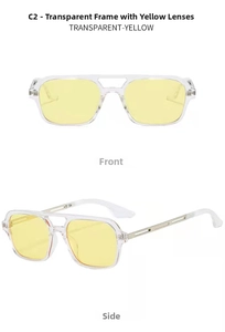Detail view of transparent yellow double-bridge sunglasses from front and side angles