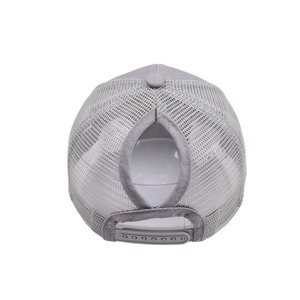Close-up of the grey ponytail hole baseball cap featuring mesh panels and snapback