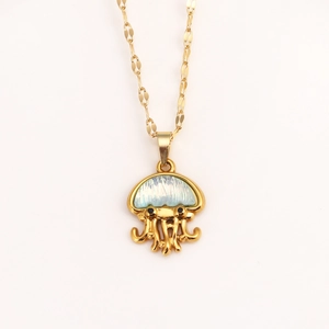 Minimalist gold jellyfish pendant necklace with iridescent opal stone on white background