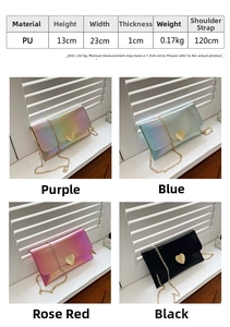 Size chart showing height 13cm, width 23cm, and 120cm chain strap for the heart clutch bag