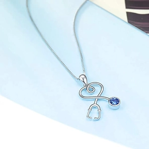 Silver stethoscope necklace with blue zircon pendant for medical nursing gift