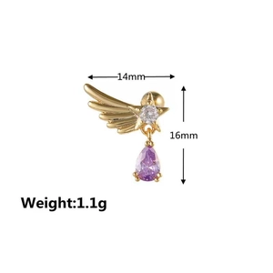 Detailed view of angel wing stud earring with purple stone and 14mm by 16mm size marks