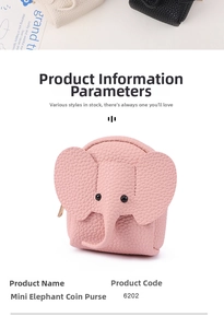 Detail view of mini elephant coin purse in light pink litchi grain leather with zipper