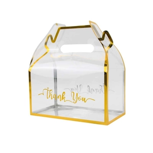 Transparent PVC gift box with gold edges and handles featuring Thank You print