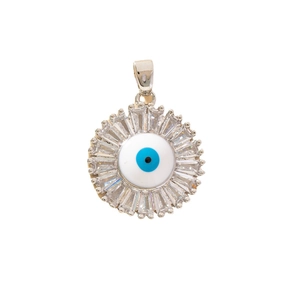Silver evil eye pendant with blue center and sparkling cubic zirconia baguette halo