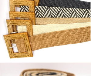 Close-up of woven elastic belts with square resin buckles in various neutral colors
