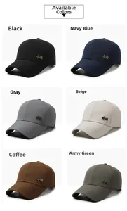 Detail view of cotton twill baseball caps showing six colors with metal badge accents