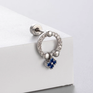 Elegant silver circle stud earring with blue square zircon pendant on a white platform