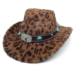 Leopard Print Faux Fur Cowboy Hat Western Vintage Wide Brim Hat With Bull Head Leather Band Turquoise Beads Unisex