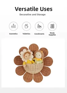 Detail of sunflower rattan wall basket showing woven texture and storage pocket