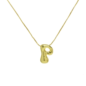 Detail of 18K gold-plated bubble letter P pendant on a polished stainless steel chain