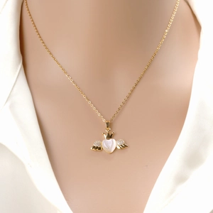Golden heart necklace with cat eye opal angel wings and crown pendant for women