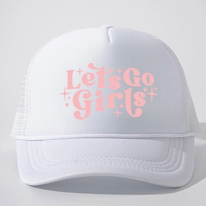 Detail of the pink Let's Go Girls print on a white mesh trucker hat with stars