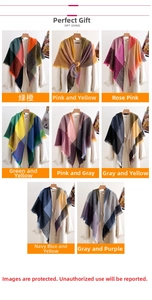 Detail of multi-color plaid tassels scarves in various color options for autumn and winter