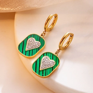 Retro titanium steel gold earrings with green geometric pendant and zircon heart detail