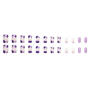 French style purple floral press-on nails with white gradient design set of 24 pieces