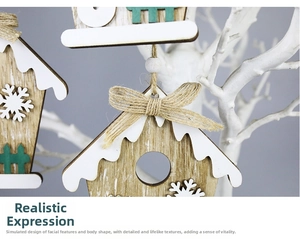 Detail of wooden house ornament with snow roof, rope bow and Nordic forest style patterns