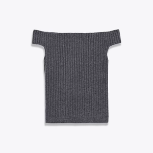 Dark gray ribbed knit off-shoulder crop top displayed on a clean minimalist background