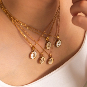 Vintage stainless steel multilayer gold necklace with white shell zodiac pendants