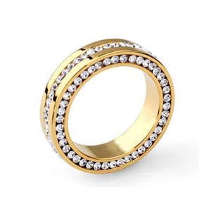 Detail of 6mm gold stainless steel ring with dual rows of inlaid white crystals