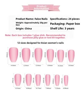 Size chart for pink gradient press-on nails showing 12 different widths and lengths
