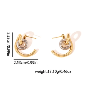 Detailed view of two-tone gold and silver irregular ring earrings with size measurements
