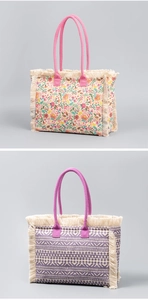 Detail of pink floral and purple geometric woven tote bags with decorative fringe trim