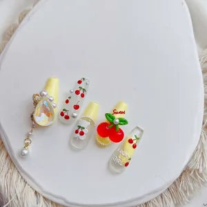 Stickers ongles 5D kawaii avec cerises jaunes, oursons 3D et détails perles