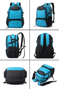 Detailed multi-angle views of a water-resistant blue sports backpack with shoe compartment