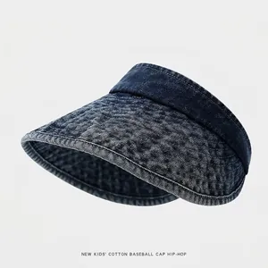 Detail of dark blue denim sun visor for kids featuring quilted stitching and open top