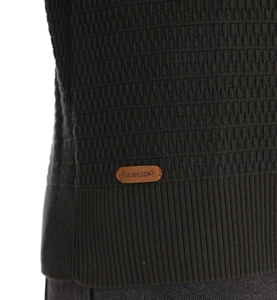 Detail of army green knit cardigan featuring a textured pattern and brown leather brand tag