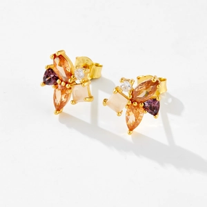 Elegant s925 silver stud earrings with floral zirconia pattern and amber stones