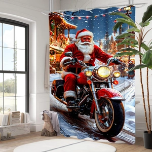 Detailed Christmas shower curtain with Santa Claus riding a motorcycle on snowy street