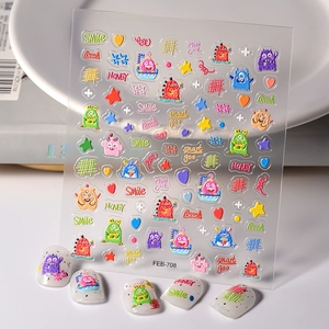 Stickers Ongles En Relief Dessin Animé Mignon Monstre Créature Marine Fleurs Lettres Autocollants Décor Manucure