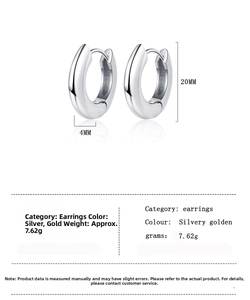 Detailed view of silver minimalist hoop earrings with 20mm height and 4mm width dimensions