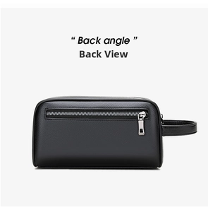 Detailed back view of a black leather clutch bag with high-quality zipper and handle